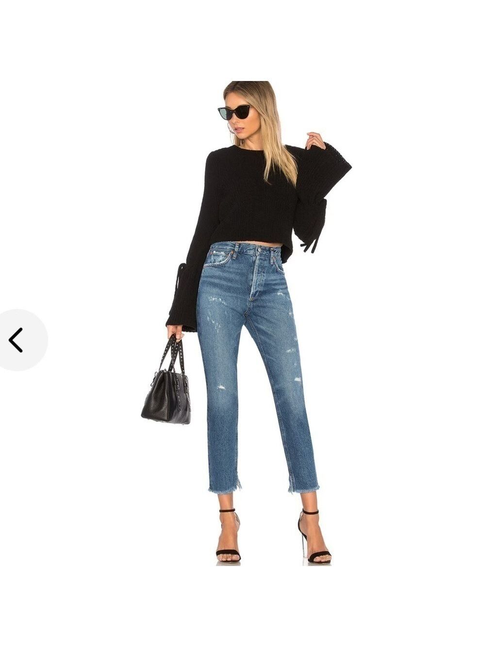 Lovers + Friends Parkwood Sweater Cropped Chenille Tie Bell Sleeve Black Size S